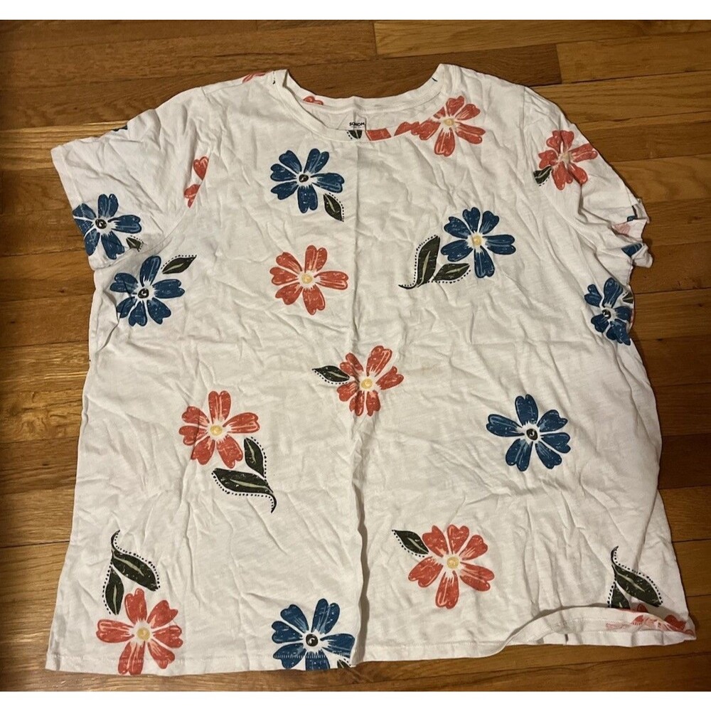 Sonoma Women’s Plus 2X White Floral Crew Neck Short Sleeve Tee Blue Orange